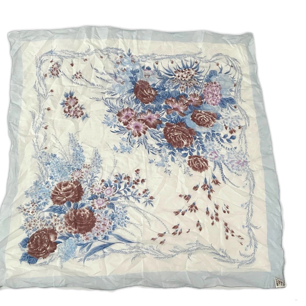 Vintage Ladies Light Blue and Brown Floral Silk Scarf